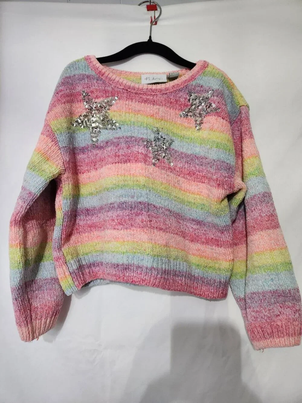 🌈⭐ The Children's Place Rainbow Stripe Chenille Sweater Girls 7/8 Sequin Stars